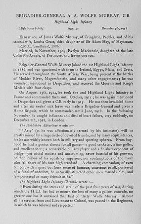 Wolfe-Murray A A Brig Gen CB Highland Light Infantry Obit