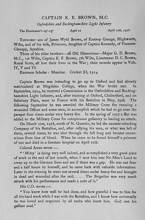 Brown K E Captain MC+Bar 4th Oxford & Bucks Light Infantry