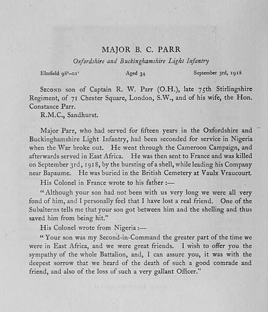 Parr B C Major Oxford And Bucks Light Infantry Obit