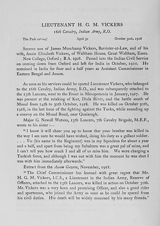 Vickers H G M Lt Indian Army Obit