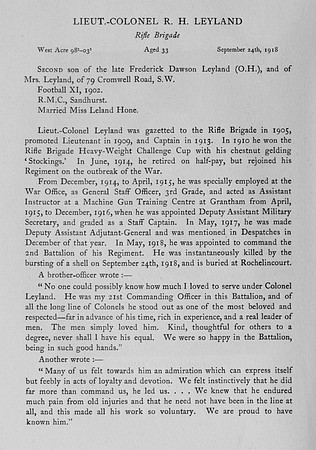 Leyland R H Lt Col Rifle Brigade Obit