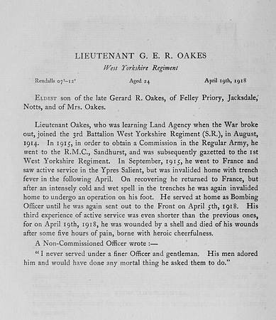 Oakes G E R Lt West Yorkshire Regiment Harrow Roll Of Honour Vol 6