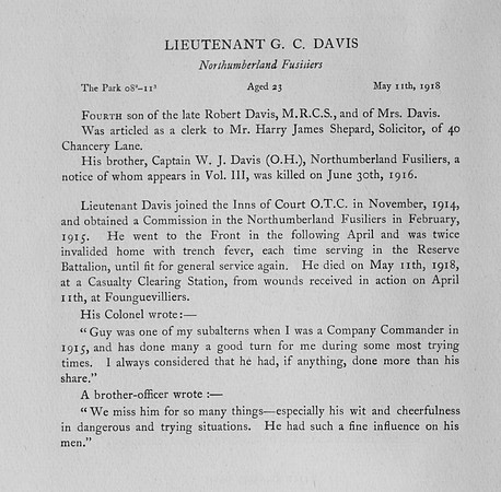 Davis G C Lt Northumberland Fusiliers Obit