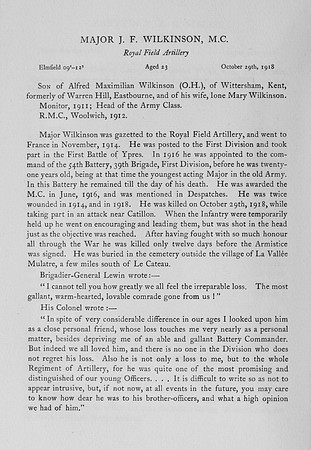 Wilkinson J F Major MC Royal Field Artillery Obit
