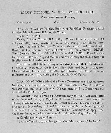 Bolitho W E T Lt Col Royal Devon Yeomanry Obit