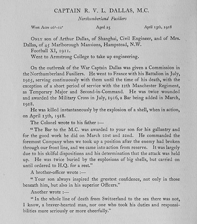 Dallas R V L Captain MC Northumberland Fusiliers Harrow Roll Of Honour Vol 6