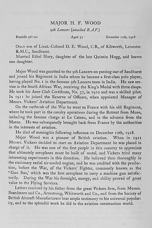 Wood H F Major 9th Lancers Attd Royal Flying Corps Obit