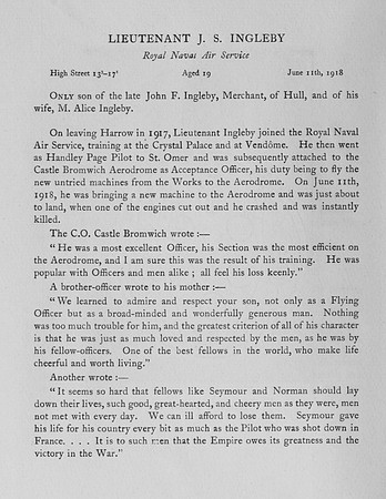 Ingleby J S Lt Royal Naval Air Service Obit