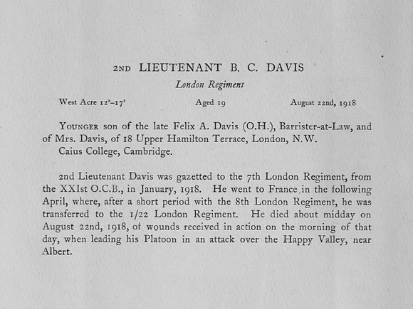 Davis B C 2nd Lt London Regiment Obit