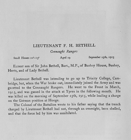 Bethell F H Lt 3rd Connauht Rangers Attd Royal Irish Regiment Obit