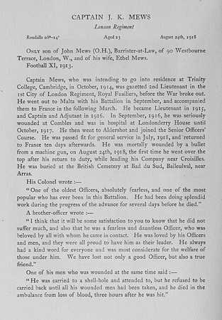 Mews J K Captain 1st London Regiment Obit