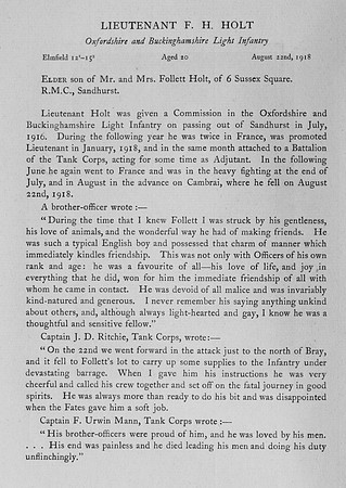 Holt F H Lt Oxford And Bucks Light Infantry Obit