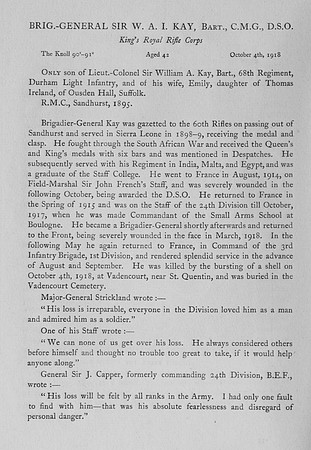 Kay W A I Brig Gen Sir Kings Royal Rifle Corps Obit