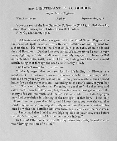 Gordon R G 2nd Lt Royal Sussex Regiment Obit