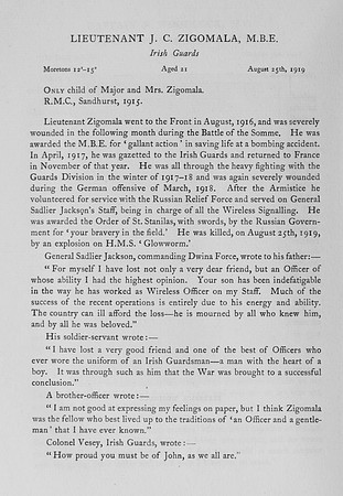 Zigomala J C Lt MBE Irish Guards Obit