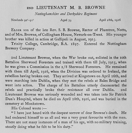 Browne M B 2nd Lt Notts Derby Regiment Obit Harrow Roll Of Honour Vol 3