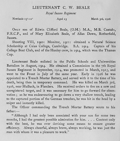 Beale C W Lt Royal Sussex Regiment Obit Harrow Roll Of Honour Vol 3