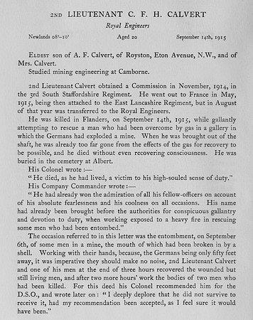 Calvert C F H 2nd Lt Royal Engineers Obit Harrow Roll Of Honour Vol 3
