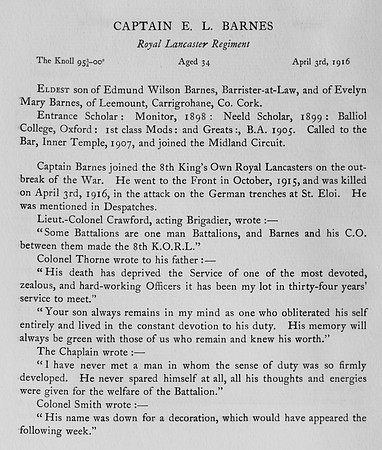 Barnes E L Captain Kings Own Royal Lancaster Regiment Obit Harrow Roll Of Honour Vol 3