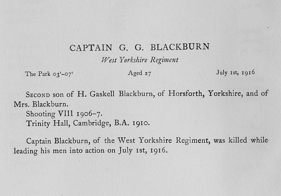 Blackburn G G Captain West Yorkshire Regiment Obit Harrow Roll OfHonour Vol 3