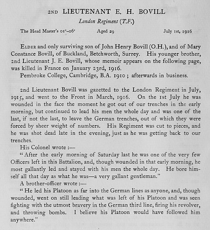 Bovill E H 2nd Lt 16th London Regiment Obit Harrow Roll Of Honour Vol 3