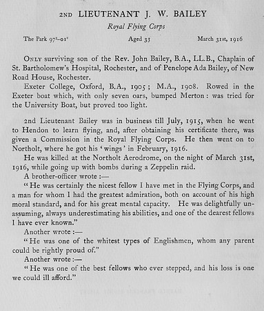 Bailey J W 2nd Lt Royal Flying Corps Obit Harrow Roll Of Honour Vol 3