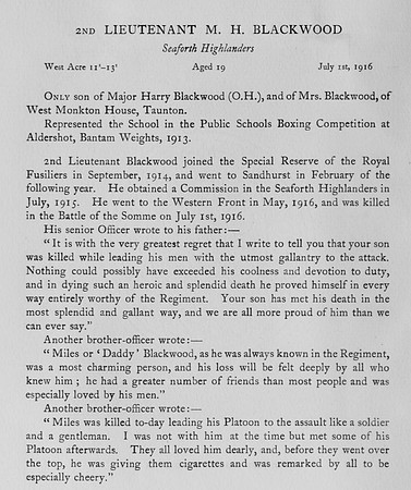 Blackwood M H 2nd Lt Seaforth Highlanders Obit Harrow Roll Of Honour Vol 3