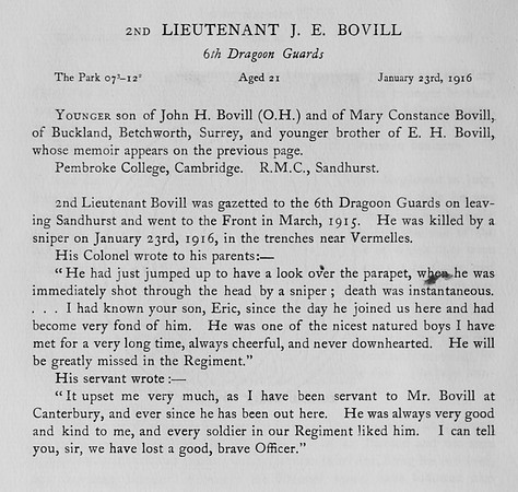 Bovill J E 2nd Lt 6th Dragoon Guards Obit Harrow Roll Of Honour Vol 3