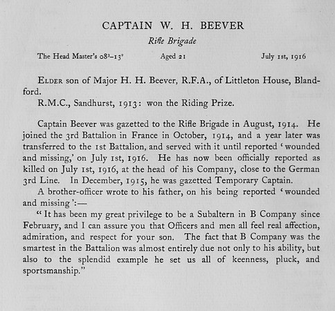 Beever W H Captain Rifle Brigade Obit Harrow Memorials Of The Great War Vol III
