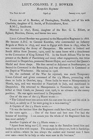 Bowker F J Lt Col Hampshire Regiment Obit Harrow Roll Of Honour Vol 3