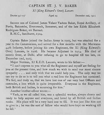 Baker St J V Captain 11th Lancers Obit Harrow Roll Of Honour Vol 3