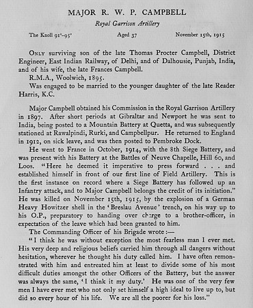 Campbell R W P Major Royal Garrison Artillery Obit Harrow Roll Of Honour Vol 3