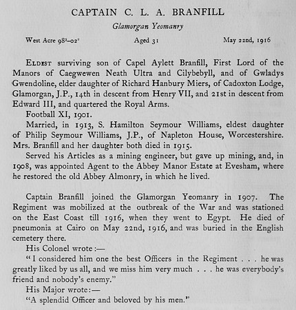 Branfill C L A Captain Glamorgan Yeomanry Obit Harrow Roll Of Honour Vol 3