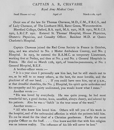 Chavasse A R Captain Royal Army Medical Corps Obit Harrow Roll Of Honour Vol 3