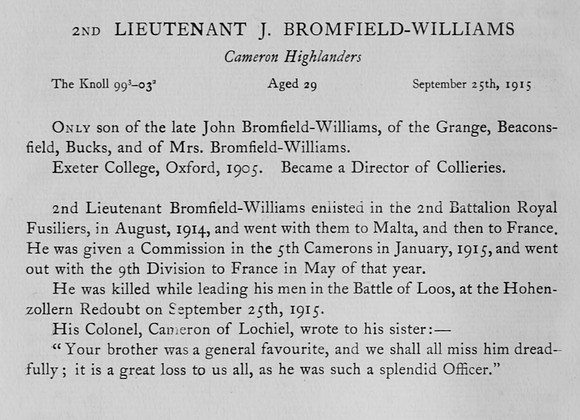 Bromfield-Williams J 2nd Lt Cameron Highlanders Obit Harrow Roll Of Honour Vol 3