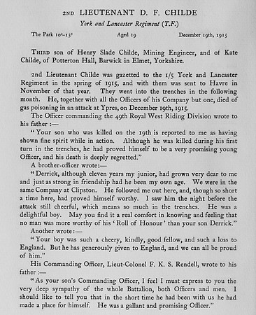 Childe D F 2nd Lt York Lancs Regiment Obit Harrow Roll Of Honour Vol 3