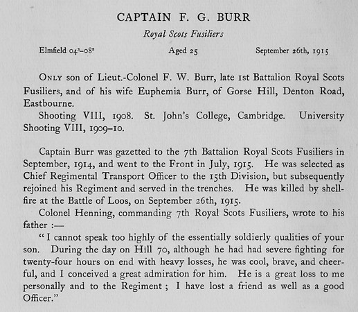Burr F G Captain Royal Scots Fusiliers Obit Harrow Roll Of Honour Vol 3