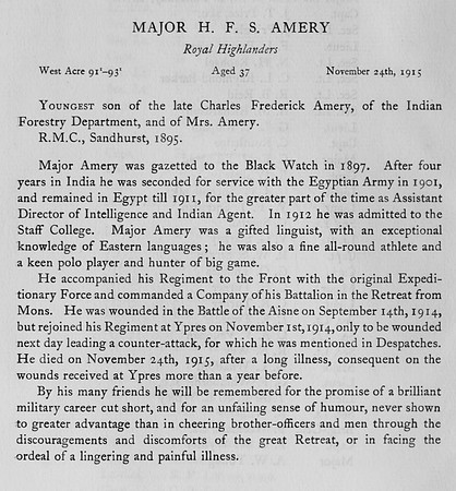 Amery H F S Major Black Watch Harrow Obit Roll Of Honour Vol 3