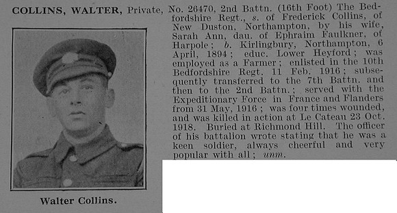Collins W Pte 26470 2nd Bedfordshire Regiment Obit De Ruvignys Roll Of Honour Vol 4