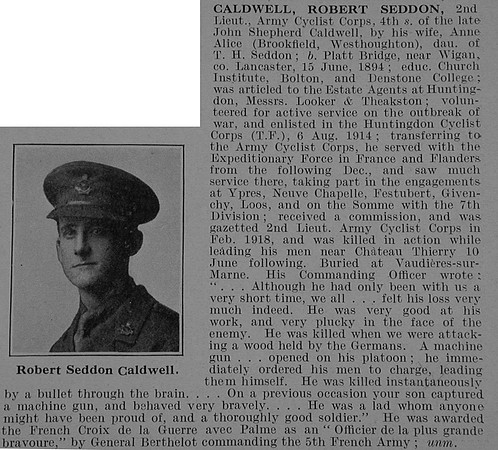Caldwell R S 2nd Lt Army Cyclist Corps Obit De Ruvignys Roll Of Honour Vol 5
