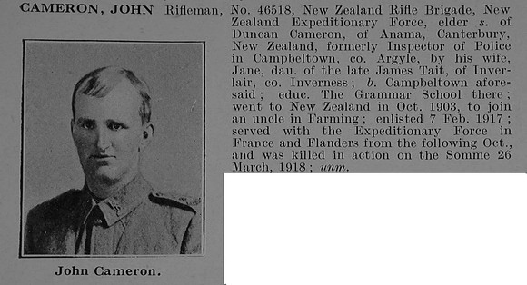 Cameron J Rfn 46518 New Zealand Rifle Brigade Obit De Ruvignys Roll Of Honour Vol 5