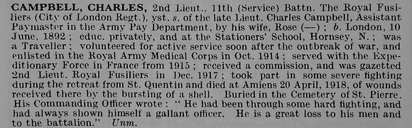 Campbell C 2nd Lt 11th Royal Fusiliers