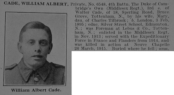 Cade W A Pte 6548 4th Middlesex Regiment Obit De Ruvignys Roll Of Honour Vol 5