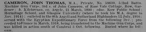 Cameron J T Pte 59639 Machine Gun Corps
