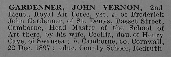Gardenner J V 2nd Lt Royal Air Force Obit Part 1 De Ruvignys Roll Of Honour Vol 5