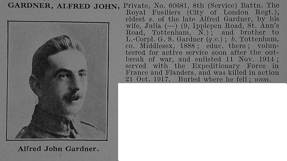 Gardner A J Pte 60681 8th Royal Fusiliers Obit De Ruvignys Roll Of Honour Vol 5