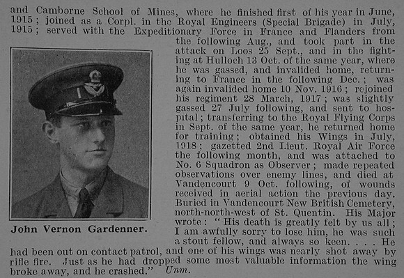 Gardenner J V 2nd Lt Royal Air Force Obit Part 2 De Ruvignys Roll Of Honour Vol 5
