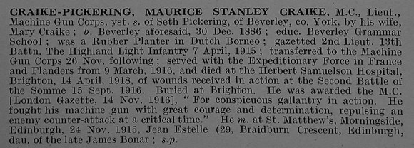 Craike-Pickering M S C Lt MC Machine Gun Corps Obit De Ruvignys Roll Of Honour Vol 4