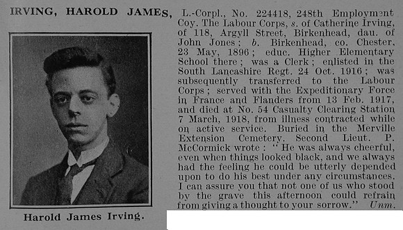 Irving H LCpl 224418 Labour Corps Obit De Ruvignys Roll Of Honour Vol 5