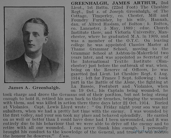 Greenhalgh J A 2nd Lt 1st Cheshire Regiment Obit De Ruvignys Roll Of Honour Vol 2